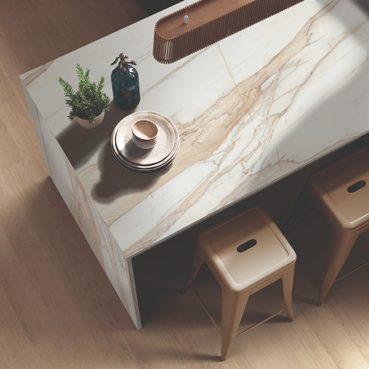 Isla de cocina con encimera laminada efecto marmol marca Alvic